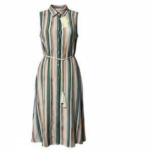 The Korner Sleeveless Stripe Shirt Dress Women’s L Beige Green Button Front NWT